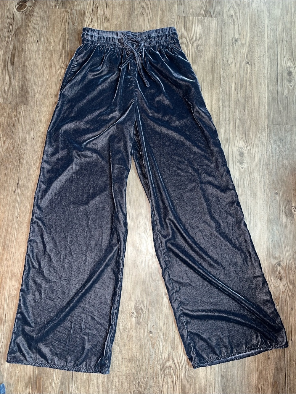 TOPSHOP Navy Velvet Wide-Leg Drawstring Pants